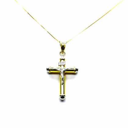 PEGASO GIOIELLI Collana da Donna in Oro Giallo 18kt (750) Catenina Veneta con Pendente Croce Cristo Cappucci Bicolore