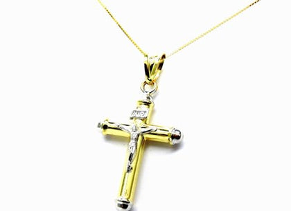 PEGASO GIOIELLI Collana da Donna in Oro Giallo 18kt (750) Catenina Veneta con Pendente Croce Cristo Cappucci Bicolore