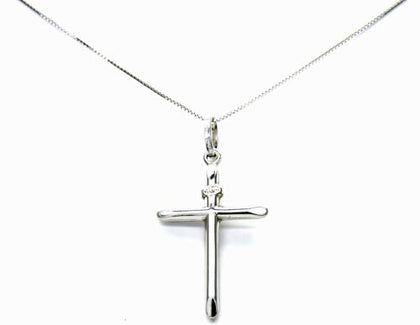 PEGASO GIOIELLI Collana da Donna in Oro Bianco 18kt (750) Catenina Veneta, Pendente Croce Crocetta Smussata Semplice