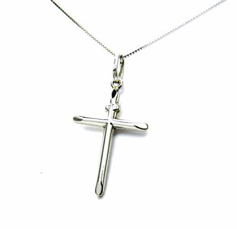 PEGASO GIOIELLI Collana da Donna in Oro Bianco 18kt (750) Catenina Veneta, Pendente Croce Crocetta Smussata Semplice
