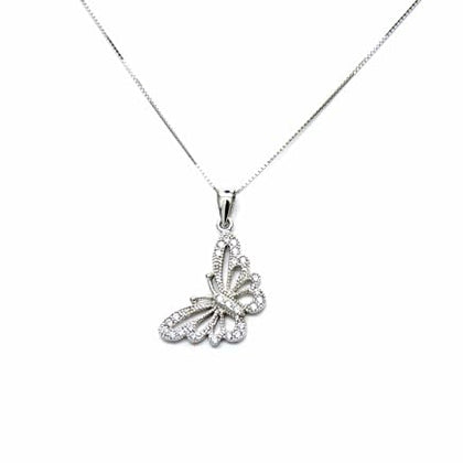 PEGASO GIOIELLI Collana da Donna in Oro Bianco 18kt (750) Catenina Veneta, Pendente Farfalla Zirconi