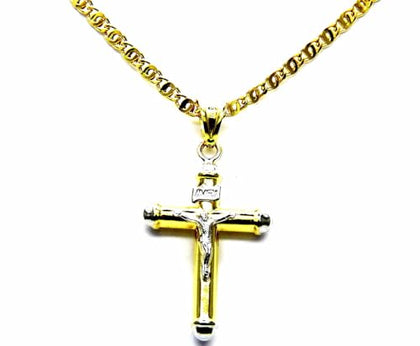 PEGASO GIOIELLI Collana da Uomo in Oro Giallo 18kt (750) Catena Tigre Pinzata Cm 50 Pendente Bicolore Croce Cristo con Cappucci