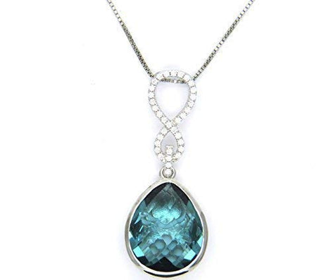 Collana Donna Argento 925 Rodiata Sterling Pendente Centrale Infinito con Goccia Zirconi Blu e Bianchi