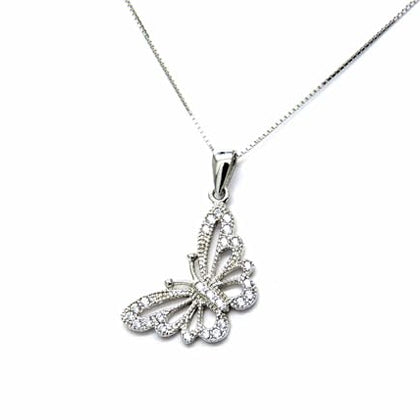 PEGASO GIOIELLI Collana da Donna in Oro Bianco 18kt (750) Catenina Veneta, Pendente Farfalla Zirconi
