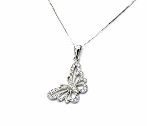 PEGASO GIOIELLI Collana da Donna in Oro Bianco 18kt (750) Catenina Veneta, Pendente Farfalla Zirconi