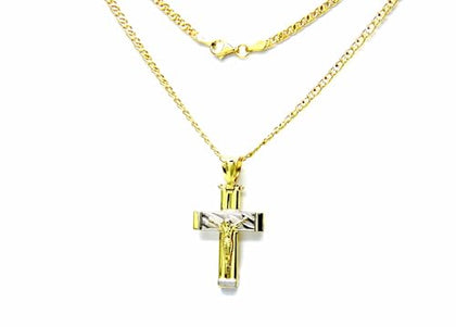 PEGASO GIOIELLI Collana da Uomo in Oro Giallo 18kt (750) Catena Tigre Cm 50 Pendente Bicolore Croce Gesù Cristo Lucida