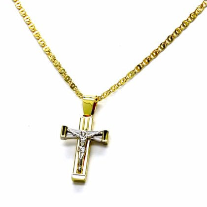 PEGASO GIOIELLI Collana Uomo Oro Giallo 18kt Catena Tigre Pinzata cm 50, Pendente Croce Cristo Rigata Bicolore