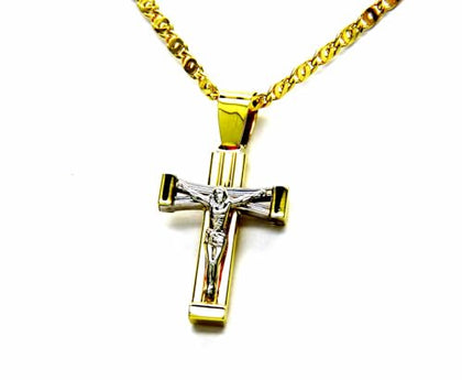 PEGASO GIOIELLI Collana Uomo Oro Giallo 18kt Catena Tigre Pinzata cm 50, Pendente Croce Cristo Rigata Bicolore