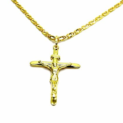 PEGASO GIOIELLI Collana da Uomo in Oro Giallo 18kt (750) Catena Pernice Pinzata Cm 50 Pendente Croce Cristo Smussata Concava