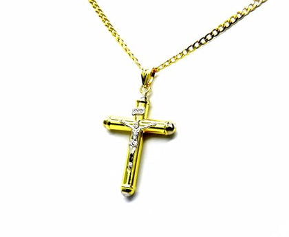 PEGASO GIOIELLI Collana Uomo in Oro Giallo 18kt (750) Catena Grumetta Cm 50 Pendente Bicolore Croce Cappucci con Cristo