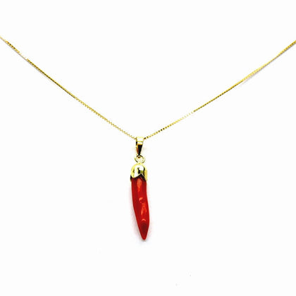 PEGASO GIOIELLI Collana Donna Oro Giallo 18kt (750) Catenina Veneta, Pendente Corno Cornetto Corallo Rosso