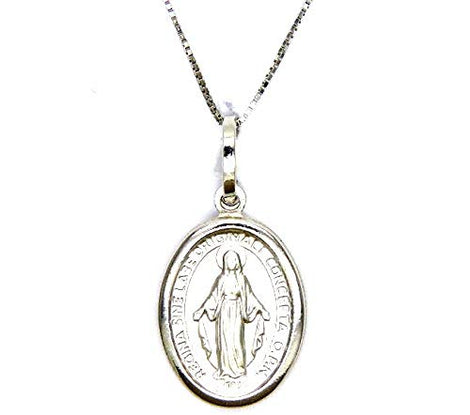 PEGASO GIOIELLI Collana da Donna in Oro Bianco 18kt (750) Catenina Veneta Pendente Religioso Madonna di Lourdes Miracolosa