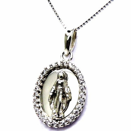 PEGASO GIOIELLI Collana da Donna in Oro Bianco 18kt (750) Catenina Veneta Pendente Religioso Madonna di Lourdes con Zirconi