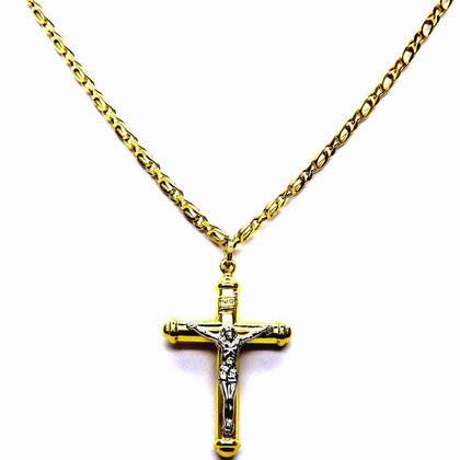 PEGASO GIOIELLI Collana da Uomo in Oro Giallo 18kt (750) Catena Pernice Cm 50 Pendente Religioso Croce Cristo con Cappucci Due Ori