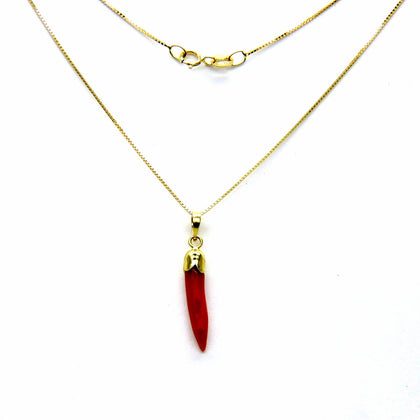 PEGASO GIOIELLI Collana Donna Oro Giallo 18kt (750) Catenina Veneta, Pendente Corno Cornetto Corallo Rosso