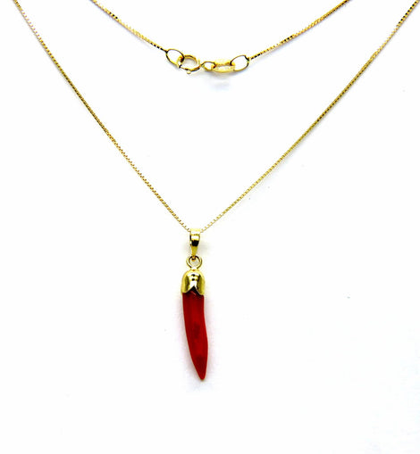 PEGASO GIOIELLI Collana Donna Oro Giallo 18kt (750) Catenina Veneta, Pendente Corno Cornetto Corallo Rosso