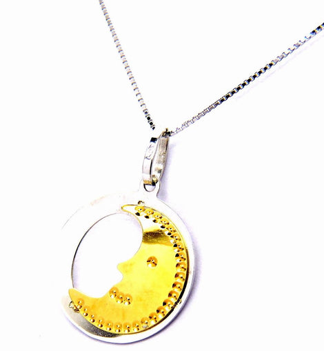 PEGASO GIOIELLI Collana Oro Bianco Giallo 18kt (750) Catenina Veneta Pendente Luna nel Cerchio Ragazza Bambina