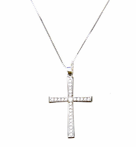 PEGASO GIOIELLI - Collana in Oro Bianco 18kt (750) Catenina Veneta Pendente Croce con Zirconi da Donna Ragazza