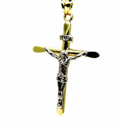 PEGASO GIOIELLI Ciondolo Oro Giallo e Bianco 18kt (750) Pendente Croce Smussata Gesù Cristo Crocifisso Uomo