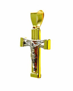 PEGASO GIOIELLI Ciondolo da Uomo in Oro Bianco e Giallo 18kt (750) Pendente Croce Cristo Crocifisso Rigato Bicolore