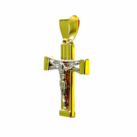 PEGASO GIOIELLI Ciondolo da Uomo in Oro Bianco e Giallo 18kt (750) Pendente Croce Cristo Crocifisso Rigato Bicolore