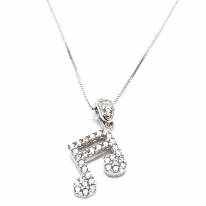 PEGASO GIOIELLI Collana da Donna in Oro Bianco 18kt (750) Catenina Veneta Pendente Nota Musicale e Zirconi