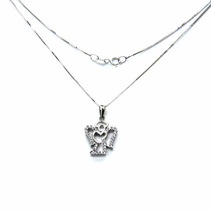 PEGASO GIOIELLI Collana Bambina in Oro Bianco 18kt (750) Catenina Veneta Pendente Angelo Angioletto e Cuore con Zirconi
