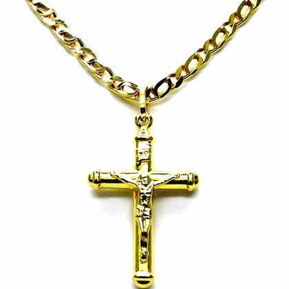 PEGASO GIOIELLI Collana da Uomo in Oro Giallo 18kt, Catena Pernice 50 cm, Pendente Croce Cristo a Cappucci