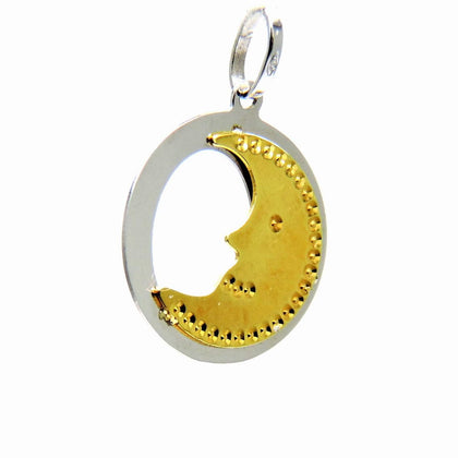 PEGASO GIOIELLI Ciondolo Oro Giallo Bianco 18kt (750) Pendente Luna Lunetta nel Cerchio Bicolore Donna Ragazza Bambina