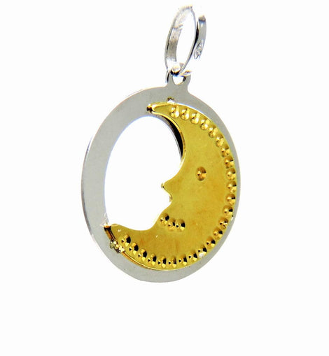 PEGASO GIOIELLI Ciondolo Oro Giallo Bianco 18kt (750) Pendente Luna Lunetta nel Cerchio Bicolore Donna Ragazza Bambina