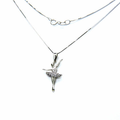 PEGASO GIOIELLI Collana da Donna in Oro Bianco 18kt (750) Catenina Veneta con Pendente Ballerina Classica in Zirconi