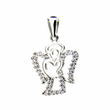PEGASO GIOIELLI Ciondolo Bambina in Oro Bianco 18Kt (750) Pendente Angelo Angioletto Cuore e Zirconi Nascita Battesimo