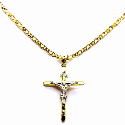 PEGASO GIOIELLI Collana da Uomo in Oro Giallo 18kt (750) Catena Pernice Cm 50 Pendente Religioso Croce Cristo Smussata Bicolore
