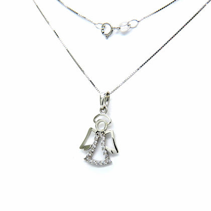 PEGASO GIOIELLI Collana Bambina in Oro Bianco 18kt (750) Catenina Veneta con Pendente Angelo Angioletto in Zirconi
