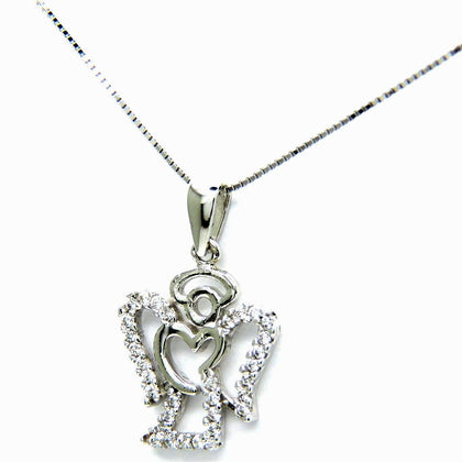 PEGASO GIOIELLI Collana Bambina in Oro Bianco 18kt (750) Catenina Veneta Pendente Angelo Angioletto e Cuore con Zirconi