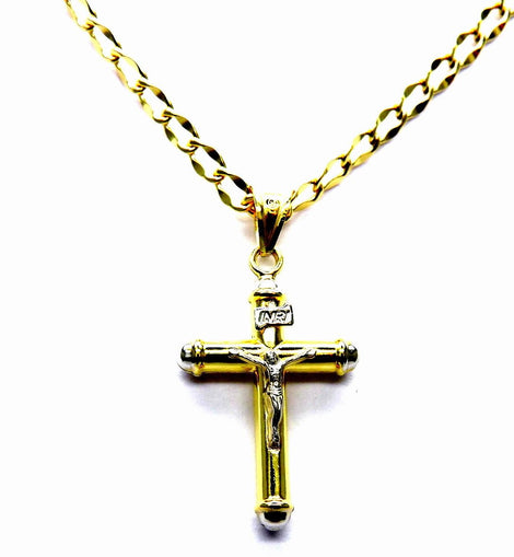 PEGASO GIOIELLI Collana Uomo Oro Giallo 18kt (750) Catena Rombo Cm 50 Pendente Croce Gesù Cristo Cappucci Bicolore