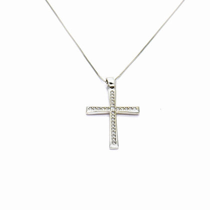 PEGASO GIOIELLI - Collana in Oro Bianco 18kt (750) Catenina Veneta Pendente Croce con Zirconi da Donna Ragazza