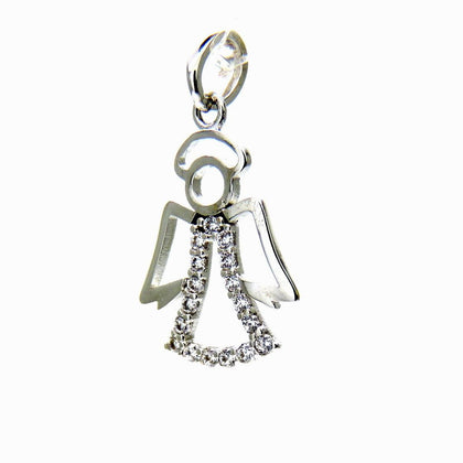 PEGASO GIOIELLI Ciondolo in Oro Bianco 18kt con Zirconi, Pendente a Forma di Angelo per Bambina, Ideale per Nascita o Battesimo