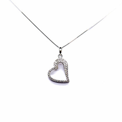 PEGASO GIOIELLI Collana Donna in Oro Bianco 18kt (750) Catenina Veneta Pendente Cuore Aperto Inclinato Zirconi