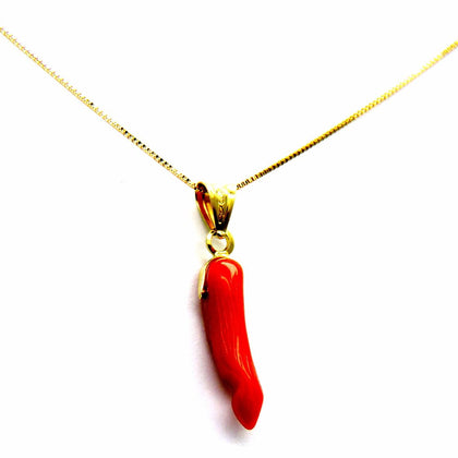 PEGASO GIOIELLI Collana Oro Giallo 18kt (750) Catenina Veneta con Pendente Piccolo Corno Cornetto Corallo Rosso