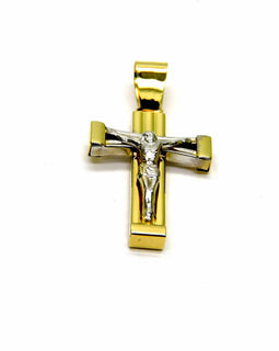 PEGASO GIOIELLI Ciondolo da Uomo in Oro Bianco e Giallo 18kt (750) Pendente Croce Cristo Crocifisso Rigato Bicolore