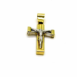 PEGASO GIOIELLI Ciondolo da Uomo in Oro Bianco e Giallo 18kt (750) Pendente Croce Cristo Crocifisso Rigato Bicolore