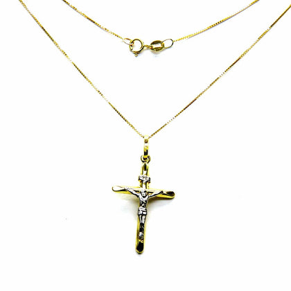 PEGASO GIOIELLI Collana da Donna in Oro Giallo 18kt (750), Catenina Veneta, Croce con Cristo Smussata Bicolore, per Battesimo Bambini