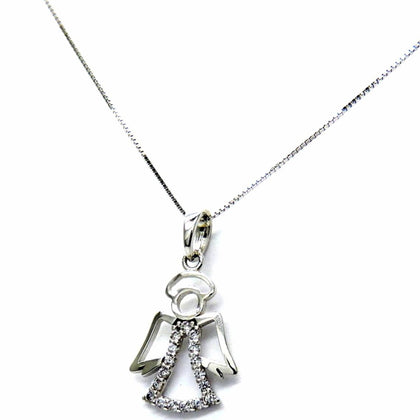 PEGASO GIOIELLI Collana Bambina in Oro Bianco 18kt (750) Catenina Veneta con Pendente Angelo Angioletto in Zirconi