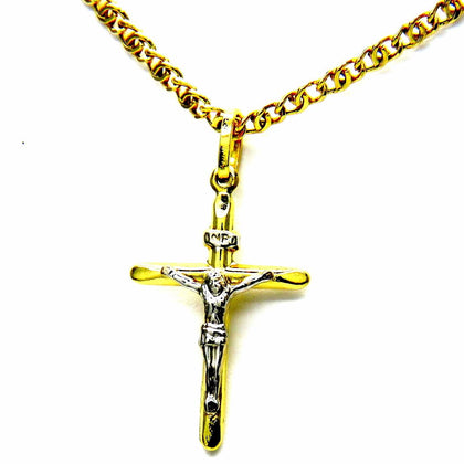 PEGASO GIOIELLI Collana da Uomo in Oro Giallo 18kt (750) Catena Tigre Cm 50 Pendente Bicolore Croce Gesù Cristo Smussata