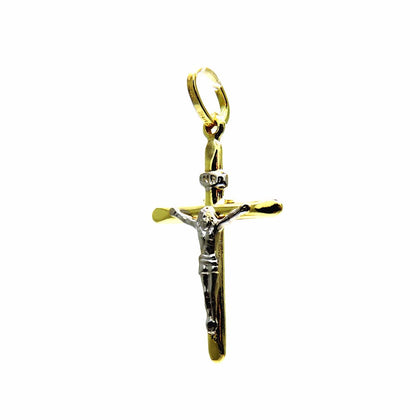 PEGASO GIOIELLI Ciondolo in Oro Giallo e Bianco 18Kt (750) Pendente Croce Smussata con Gesù Cristo, Uomo Donna, Bambini Battesimo