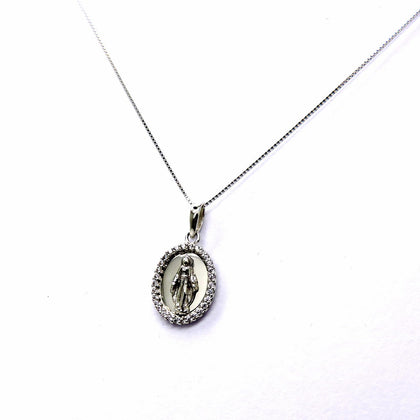 PEGASO GIOIELLI Collana da Donna in Oro Bianco 18kt (750) Catenina Veneta Pendente Religioso Madonna di Lourdes con Zirconi