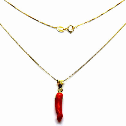 PEGASO GIOIELLI Collana Oro Giallo 18kt (750) Catenina Veneta con Pendente Piccolo Corno Cornetto Corallo Rosso