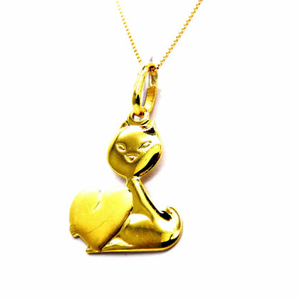 PEGASO GIOIELLI Collana da Donna in Oro Giallo 18kt (750) Catenina Veneta Pendente Gatto con Cuore
