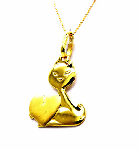 PEGASO GIOIELLI Collana da Donna in Oro Giallo 18kt (750) Catenina Veneta Pendente Gatto con Cuore